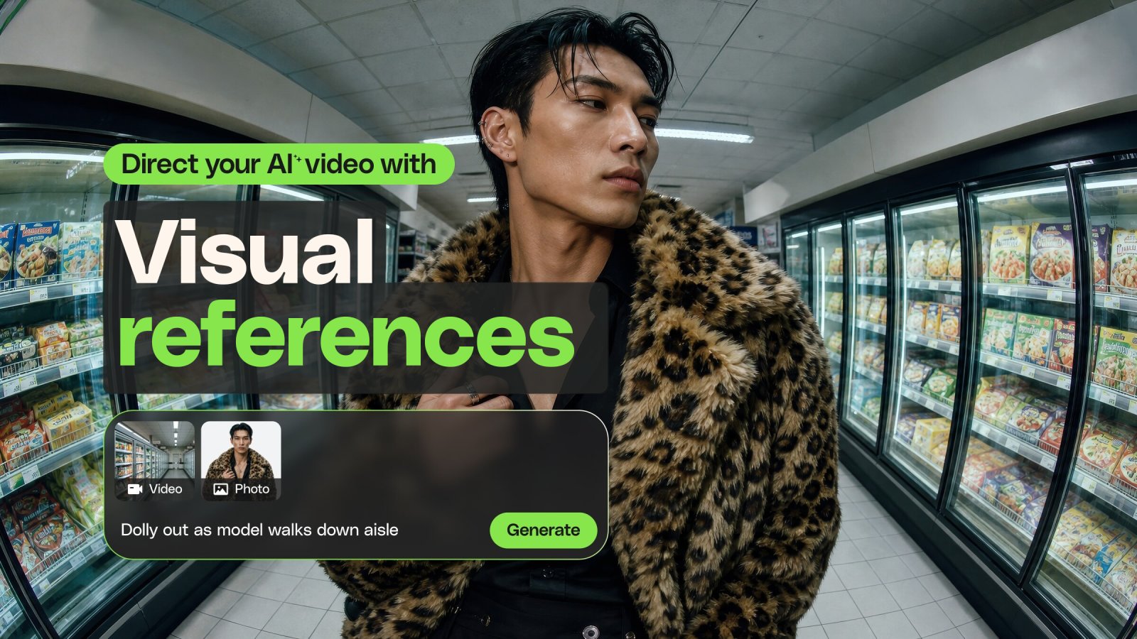 A man in a leopard print coat stands in a supermarket aisle, with an overlay graphic promoting AI video generation using visual references.