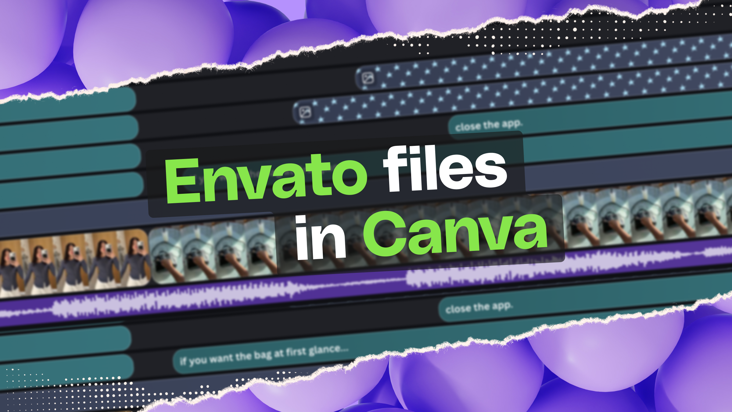 A digital graphic showing a video editing timeline with video clips and audio waveforms, overlaid with the text 'Envato files in Canva'. The background is blurred purple balloons.