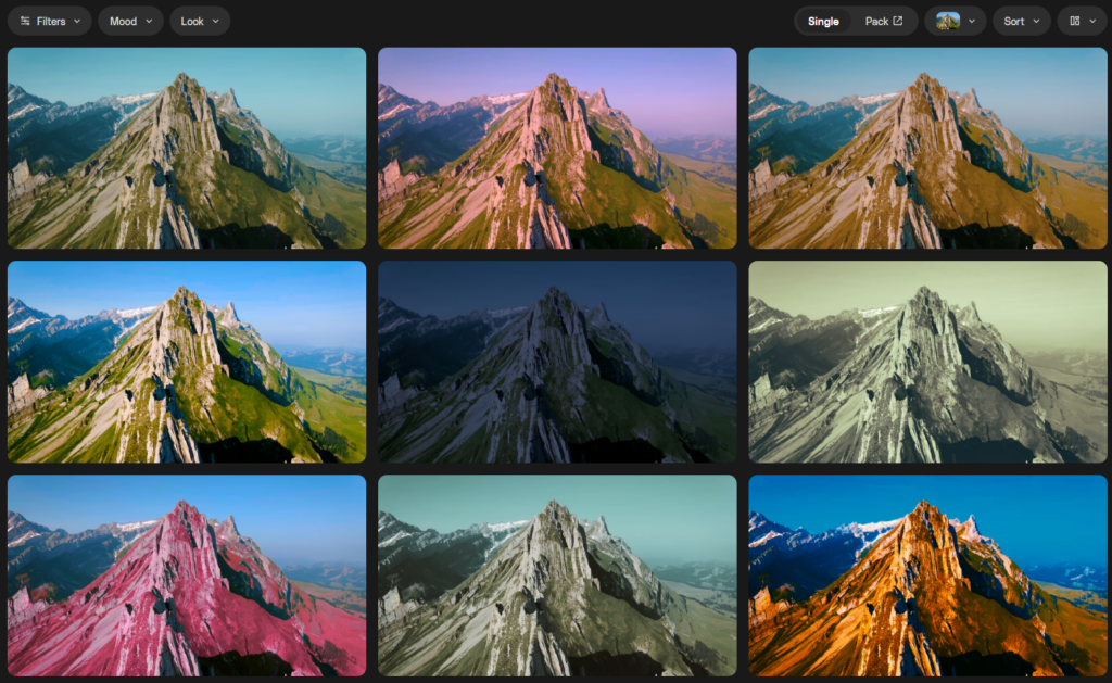 A grid of nine identical mountain landscape photos, each with a different color filter applied, demonstrating various visual moods and styles.