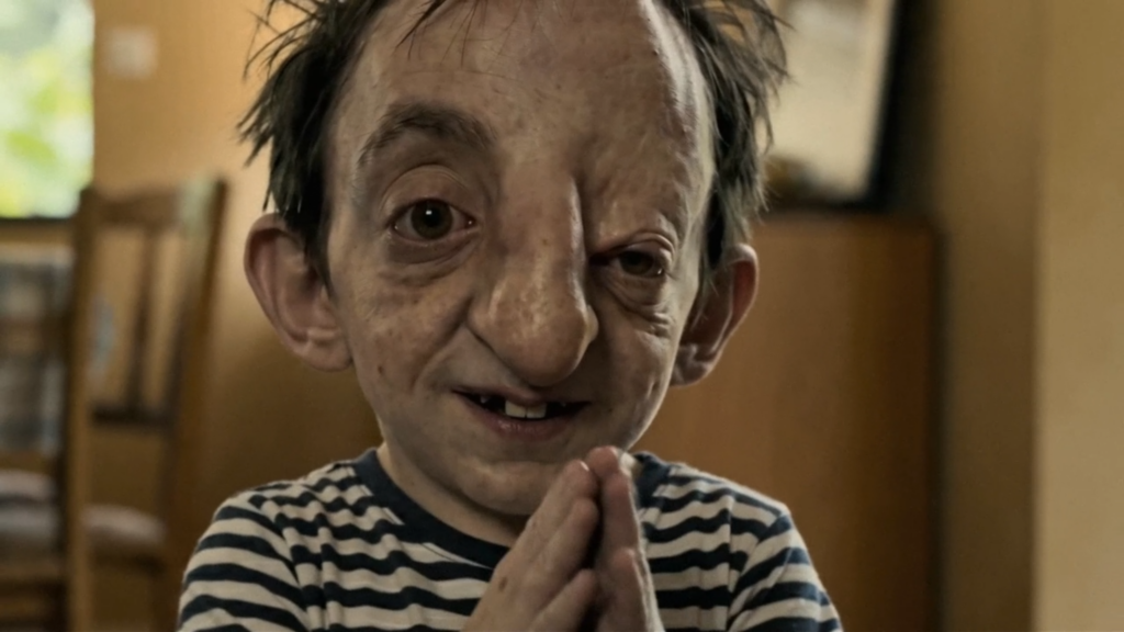 Close-up of a person with a large nose, prominent ears, and gapped teeth, smiling with hands clasped, wearing a striped shirt.