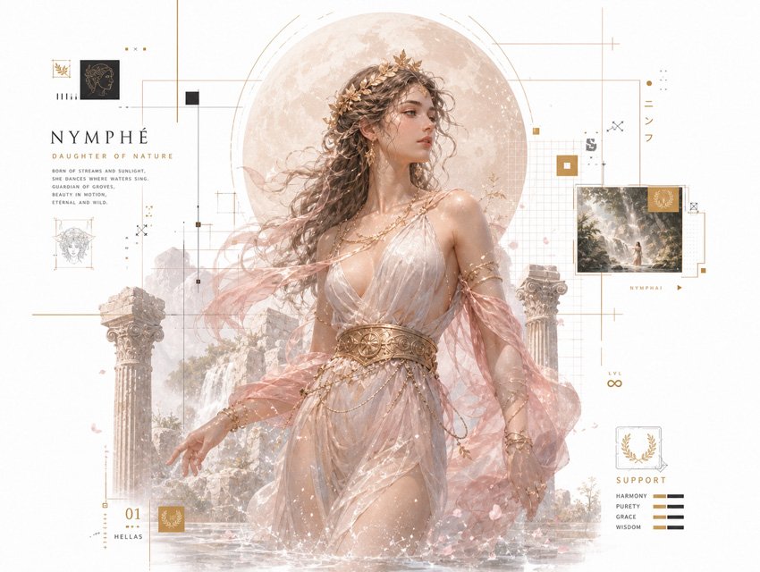 Digital artwork of a nymph in a flowing dress, standing in water with classical ruins and a full moon in the background. Overlaid with UI elements and text 'NYMPHÉ Daughter of Nature'.