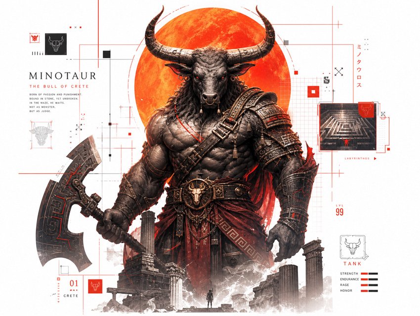 A powerful Minotaur with dark skin, large horns, and ornate armor, holding a double-bladed axe, stands against a red full moon. The image is overlaid with futuristic UI elements and text, including a character profile and labyrinth map.