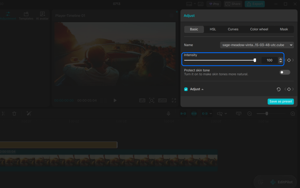 A video editing software interface showing a car scene at sunset in the preview, with the 'Adjust' panel open and the 'Intensity' slider set to 100.