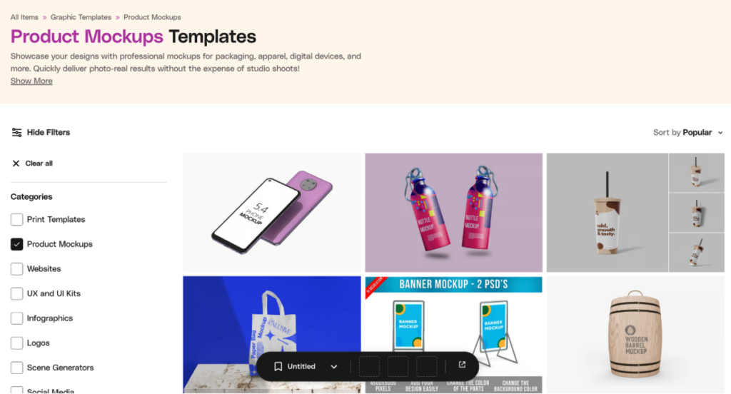 A webpage displaying a collection of product mockup templates, including a smartphone, water bottles, a coffee cup, a paper bag, banners, and a wooden barrel, with filtering options on the left.