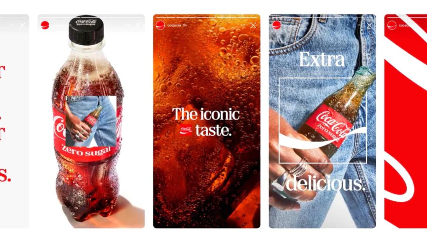 A sequence of five Coca-Cola Zero Sugar advertisement panels. They show a plastic bottle, a close-up of carbonated drink with text 'The iconic taste.', a hand holding a glass bottle against denim with text 'Extra delicious.', and red and white brand graphics.
