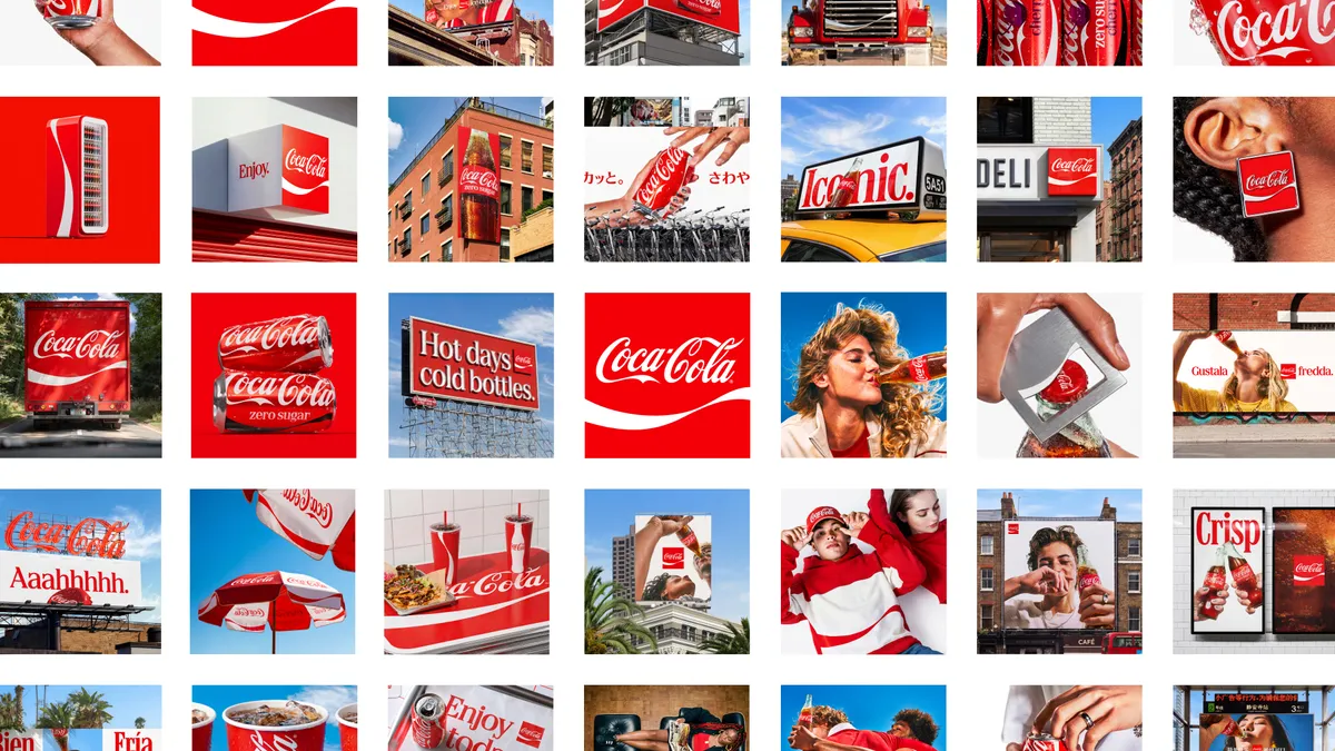 A grid of 30 images featuring Coca-Cola branding, advertisements, product shots, and people interacting with Coca-Cola cans and bottles.