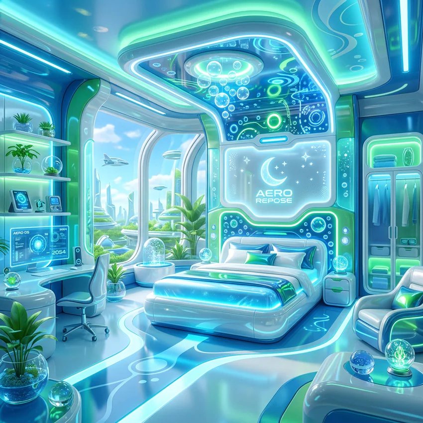 A futuristic bedroom in blue and green with neon lights, featuring a glowing bed, a desk with a computer, and a large window overlooking a futuristic city with flying vehicles.