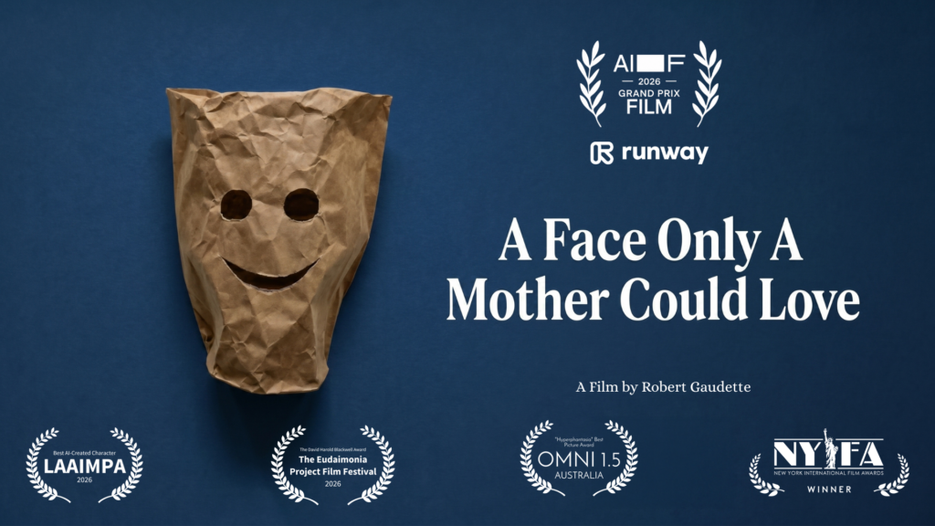 Film poster for 'A Face Only A Mother Could Love' featuring a smiling brown paper bag face on a dark blue background, with multiple film festival awards listed.