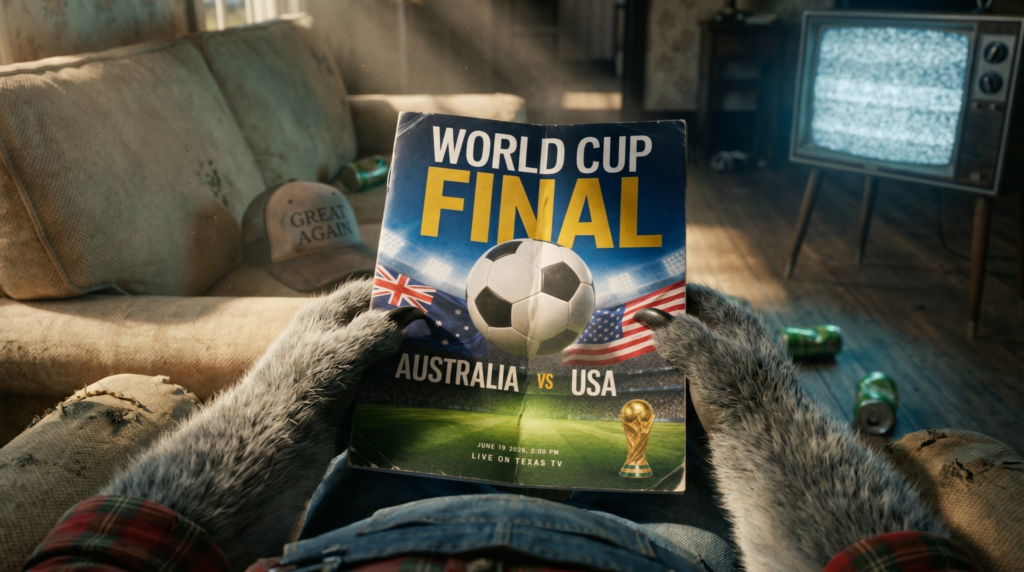 A furry, clawed hand holds a 'World Cup Final' program featuring a soccer ball, Australian and USA flags, and the text 'Australia vs USA'. A 'Great Again' hat is on a couch in the background, and an old TV shows static.