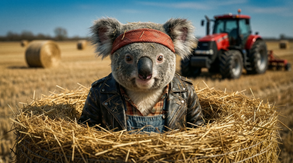 A koala in a leather jacket and overalls emerges from a hay bale in a field with a tractor.