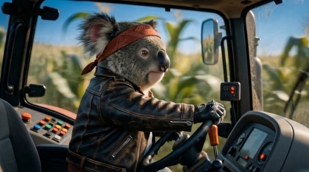 A koala in a leather jacket and red bandana drives a tractor through a cornfield.
