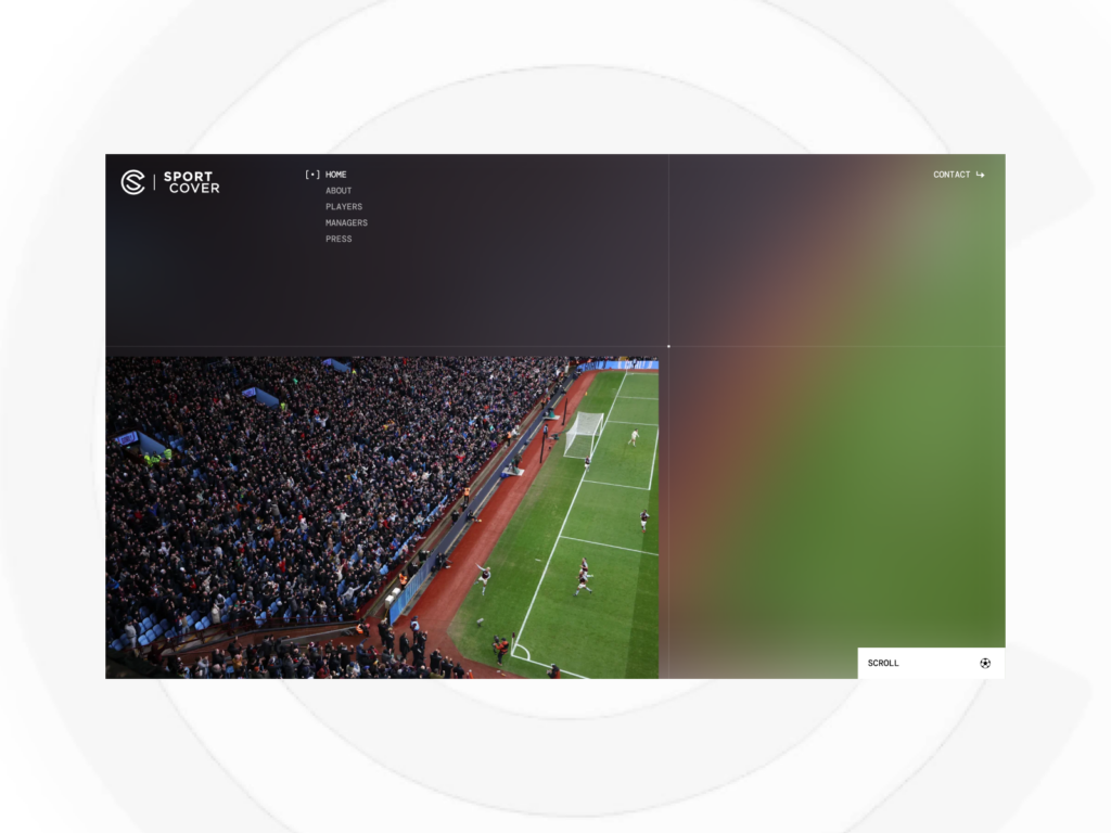 A website interface for 'Sport Cover' with navigation links overlaid on a vibrant image of a football match in a stadium, showing a large crowd, players on the green pitch, and a goal.