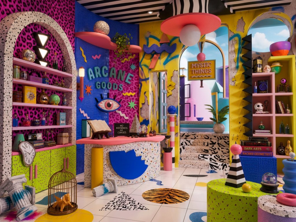 A highly colorful and eclectic shop interior with a maximalist aesthetic, featuring leopard print walls, terrazzo surfaces, and shelves filled with mystical objects like bottles, skulls, and books. An archway leads to a dreamlike pastel landscape.