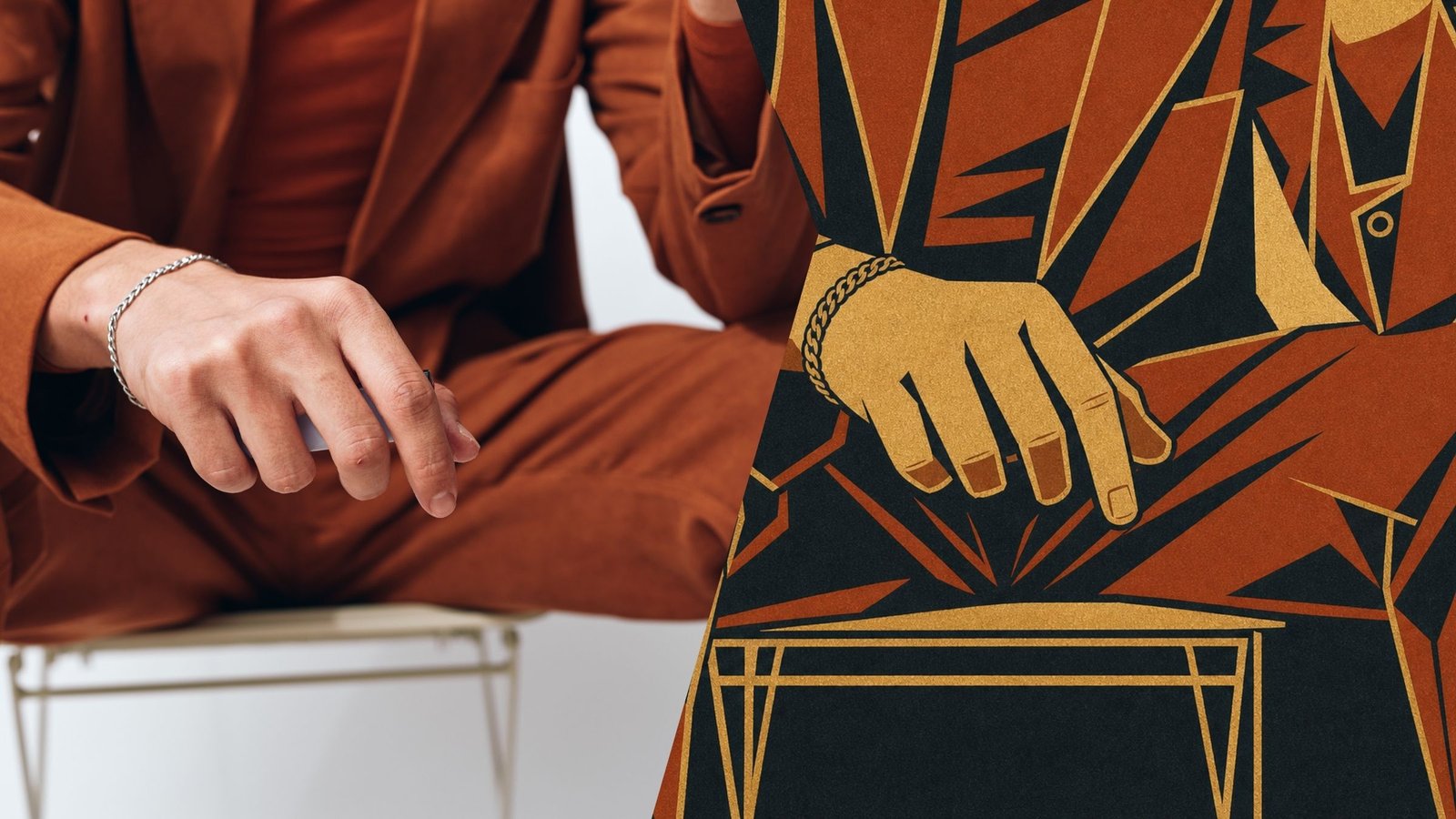 A split image showing a person in a rust-colored suit wearing a silver bracelet on the left, and an art deco illustration of a hand with a gold bracelet on the right.