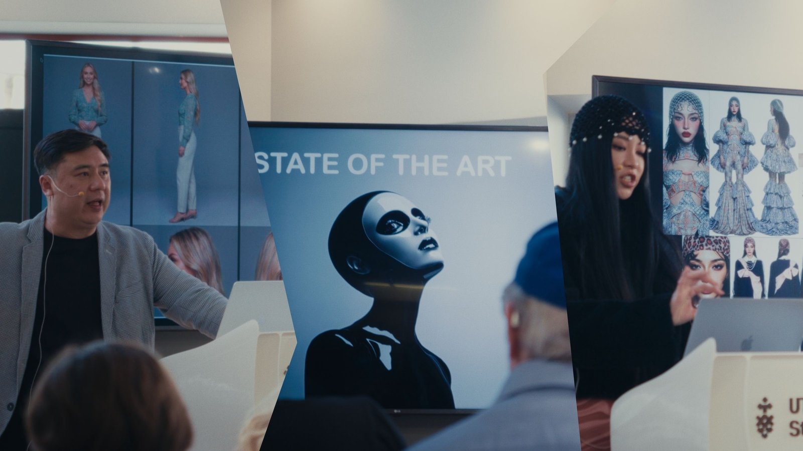Three-panel image showing presenters and screens. Left: Man presenting fashion models. Middle: Screen with 'STATE OF THE ART' and a futuristic head. Right: Woman presenting elaborate fashion designs.