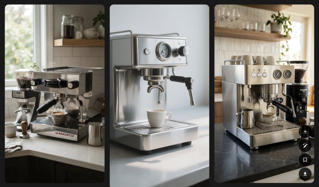 A three-panel image showing different stainless steel espresso machines in modern kitchen settings. Each machine is sleek and professional-grade, with coffee brewing in some panels.