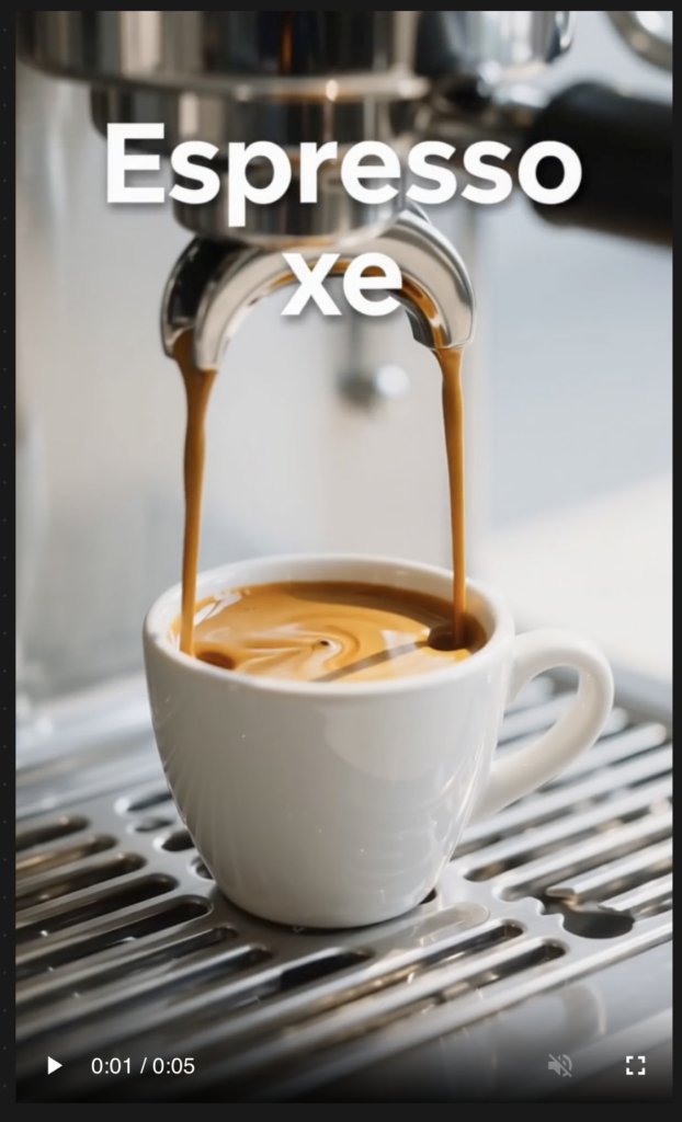 Espresso pouring from a machine's portafilter into a white ceramic cup, with text 'Espresso xe' overlaid.