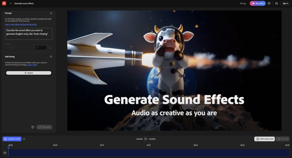Screenshot of a sound effect generation interface. A cartoon cow astronaut and a rocket are depicted in space, with text 'Generate Sound Effects' and 'Audio as creative as you are'.