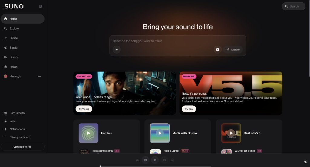 Suno music creation application interface in dark mode, showing a song description input, new feature cards for voice and model v5.5, and various song recommendations.