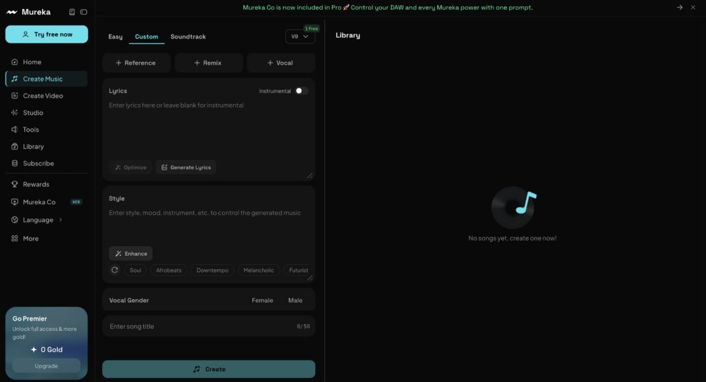 Screenshot of Mureka music creation software in dark mode, showing the 'Custom' song creation interface with options for lyrics, style, vocal gender, and song title, alongside a 'Library' section indicating no songs have been created yet.