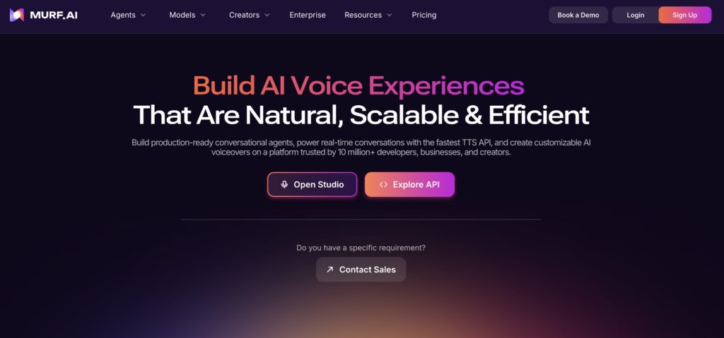MURF.AI website homepage with 'Build AI Voice Experiences That Are Natural, Scalable & Efficient' as the main headline. Navigation includes 'Agents', 'Models', 'Pricing', and 'Sign Up'. Call-to-action buttons are 'Open Studio' and 'Explore API'.