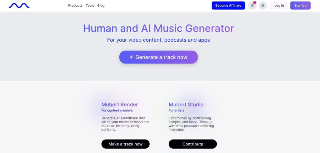 A website homepage for Mubert, an AI music generator, showing options to generate tracks for content creators and contribute as artists.