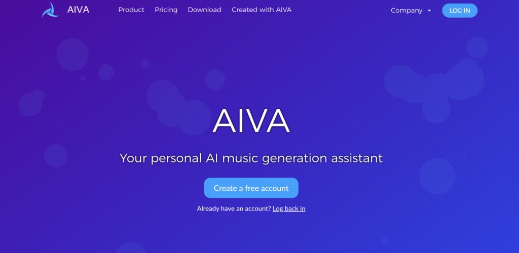 AIVA website homepage with a purple and blue gradient background, displaying the text 'AIVA', 'Your personal AI music generation assistant', and a 'Create a free account' button.