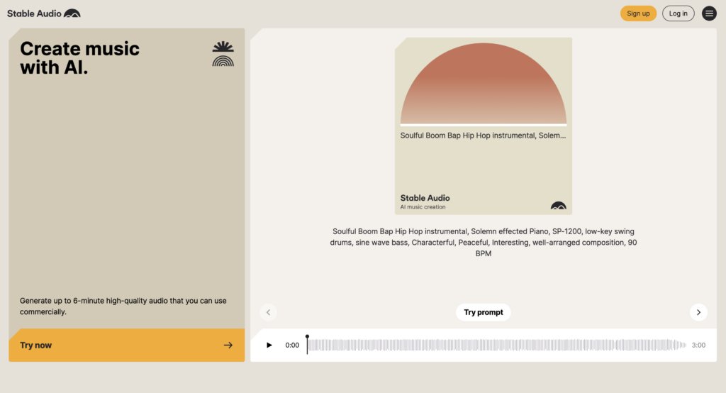 A screenshot of the Stable Audio website, showing a user interface for AI music creation with a 'Create music with AI' headline, a music player displaying a 'Soulful Boom Bap Hip Hop instrumental', and a 'Try now' button.