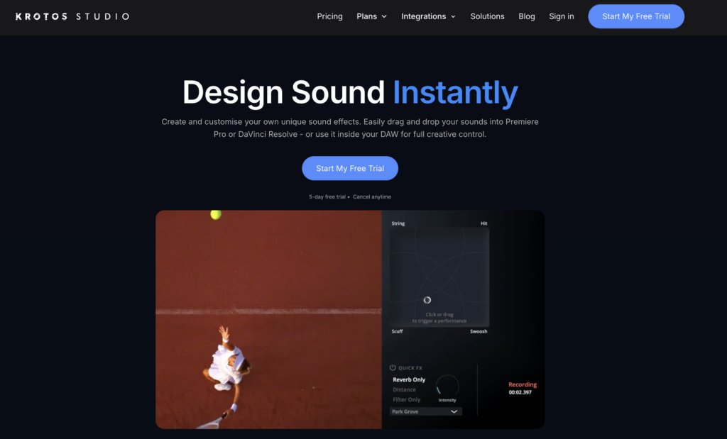 KROTOS STUDIO website landing page with 'Design Sound Instantly' headline, a 'Start My Free Trial' button, and a split-screen demonstration showing a tennis player and sound design software interface.
