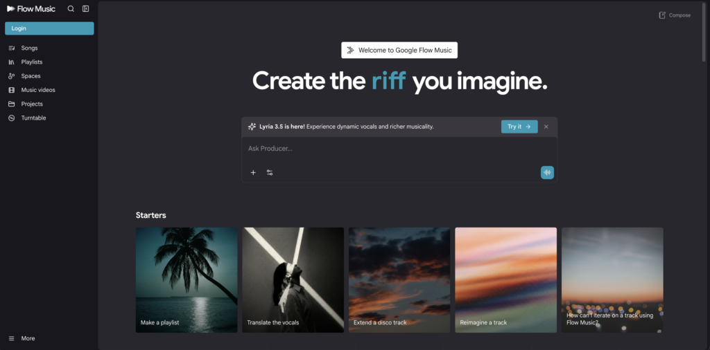 Screenshot of the Flow Music platform's dark-themed user interface, showing a sidebar with navigation, a central prompt 'Create the riff you imagine', an 'Ask Producer' input field, and five starter cards for music creation tasks.