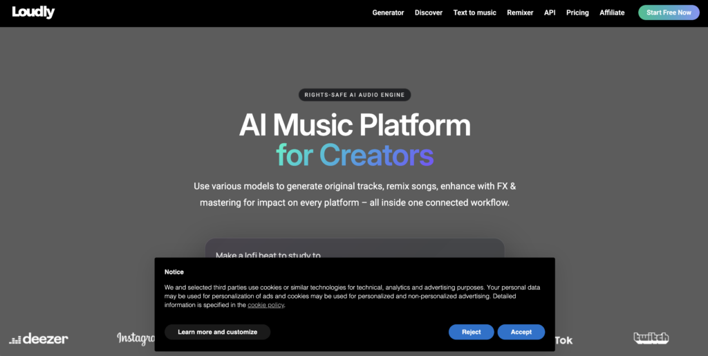 Screenshot of the Loudly AI Music Platform homepage, displaying its features for creators and a cookie consent banner at the bottom.