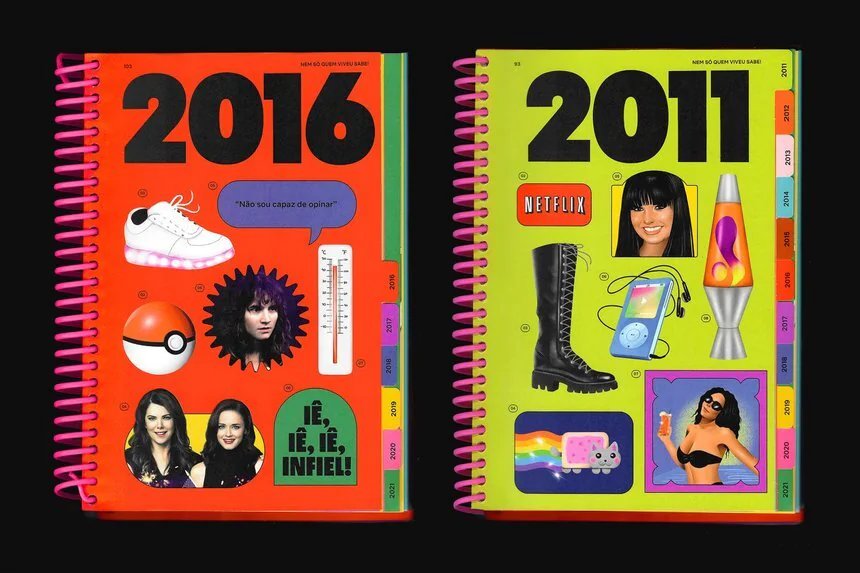 Two colorful spiral-bound books, one orange for 2016 and one lime green for 2011, are covered with various pop culture references and items from those years, including sneakers, Pokémon, Netflix, lava lamps, and celebrity images.