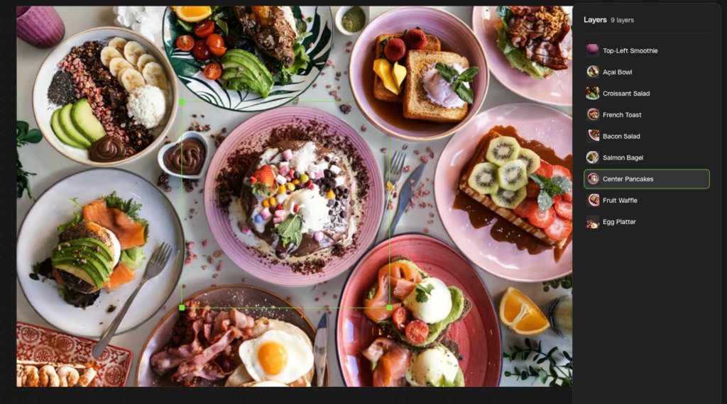 Overhead view of a table filled with various breakfast and brunch dishes, including chocolate pancakes, French toast, açaí bowl, salmon bagels, and eggs with bacon.