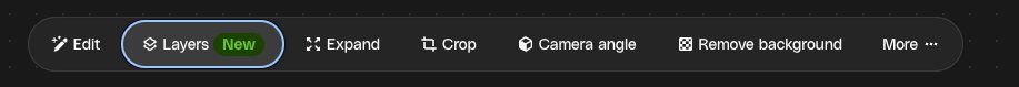 Image editing toolbar showing buttons for Edit, Layers (New), Expand, Crop, Camera angle, Remove background, and More. The Layers button is highlighted.