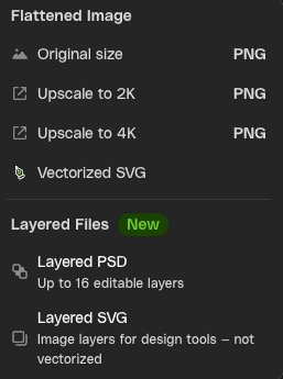 A menu showing image export options, including flattened PNGs at original, 2K, and 4K sizes, vectorized SVG, and layered files like PSD and SVG.