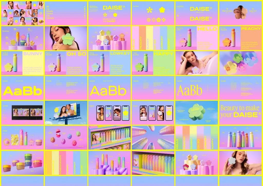 A grid of 36 colorful marketing images for DAISE* Beauty, featuring flower-shaped products, models, branding, and mockups.