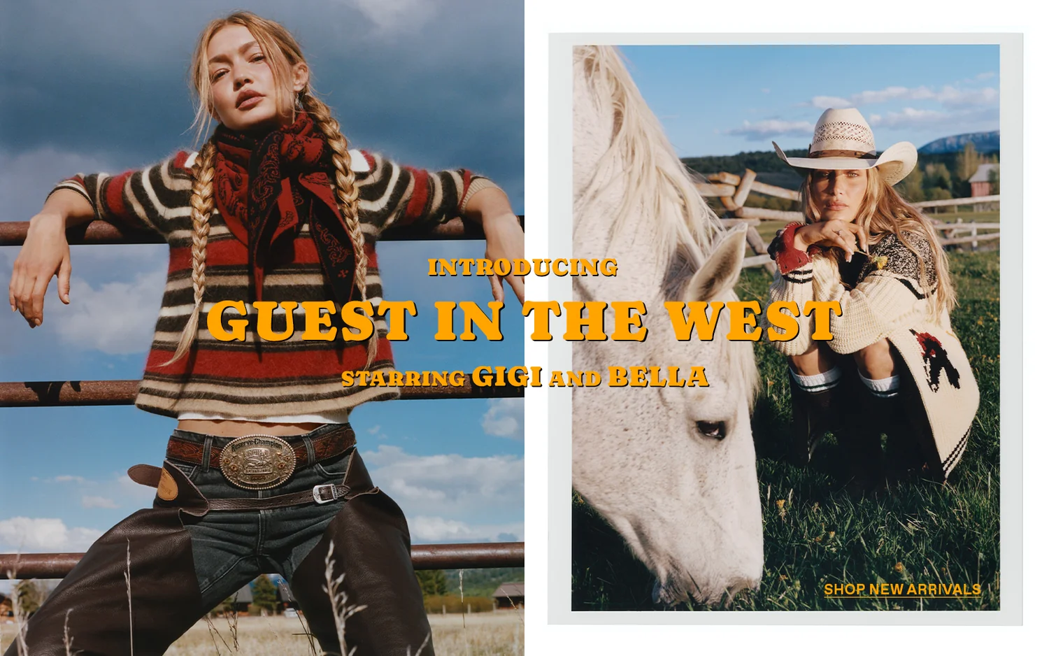 Two models, Gigi and Bella Hadid, in Western-themed attire. Gigi leans on a fence in a striped sweater and chaps. Bella crouches by a white horse in a knitted cardigan and cowboy hat. Text reads 'Guest in the West starring Gigi and Bella'.