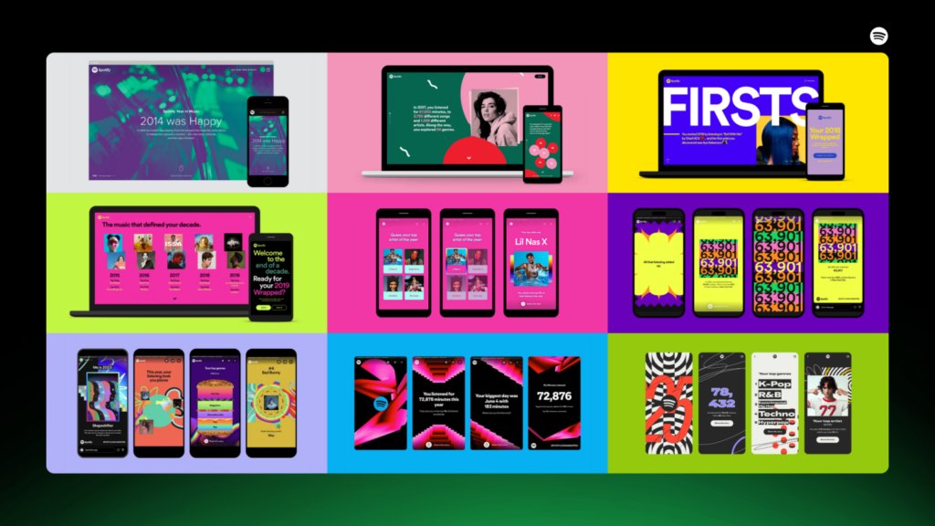 A grid of nine panels, each displaying Spotify Wrapped screens on laptops and smartphones, featuring personalized music data, artists, and genres from various years.